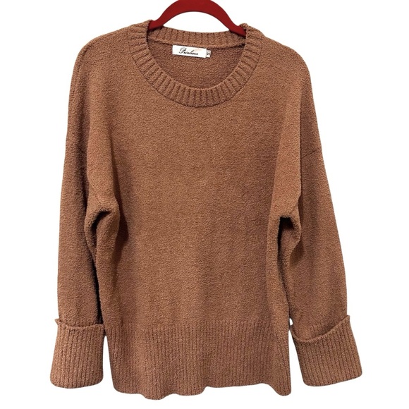 Prinbara Khaki Crewneck Oversized Sweater with Ribbed Details. Size Small - Picture 2 of 5
